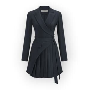 Commense Pleated Blazer Dress Navy Tailored XL Long Sleeve Mini – Modern Chic